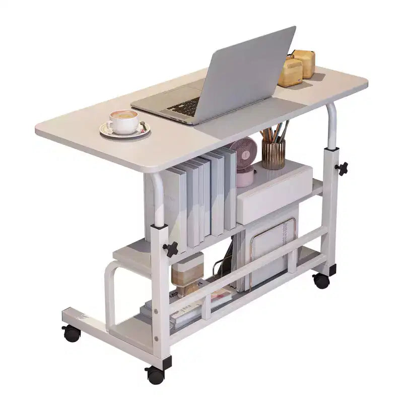 Bureau roulant portable à hauteur réglable, bureau d'ordinateur mobile avec étagères de rangement