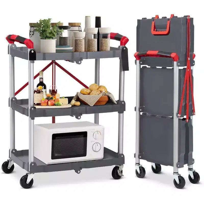 COZONY 3-Tier Folding Utility Cart, Portable Collapsible Service Trolley with Wheels, 156 Lbs Load Capacity, Heavy Duty for Garage & Workshop, Grey