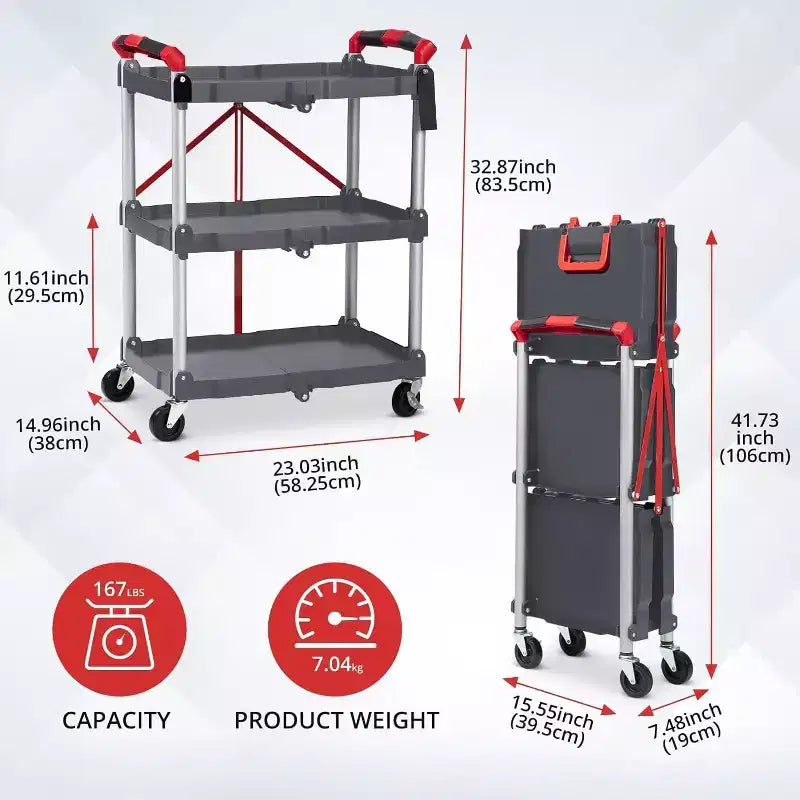 Chariot utilitaire pliant à 3 niveaux, desserte roulante portable pliable avec roues, capacité de charge de 70 kg, robuste pour garage et atelier, gris