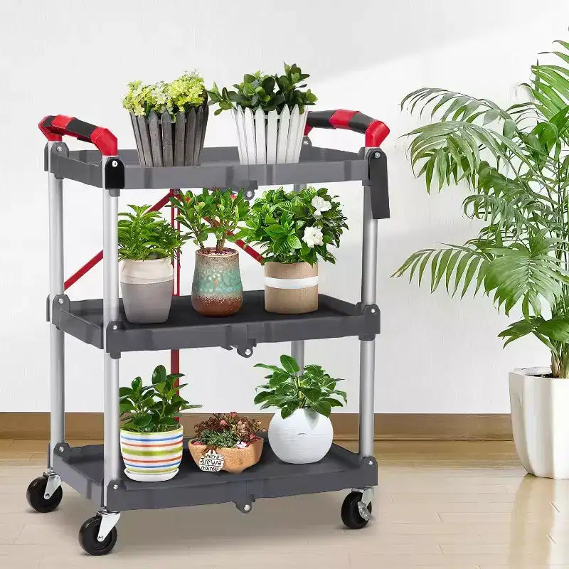 Chariot utilitaire pliant à 3 niveaux, desserte roulante portable pliable avec roues, capacité de charge de 70 kg, robuste pour garage et atelier, gris