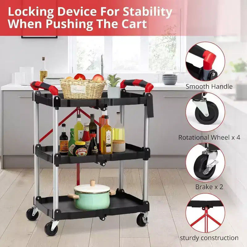 Chariot utilitaire pliant à 3 niveaux, desserte roulante portable pliable avec roues, capacité de charge de 70 kg, robuste pour garage et atelier, gris