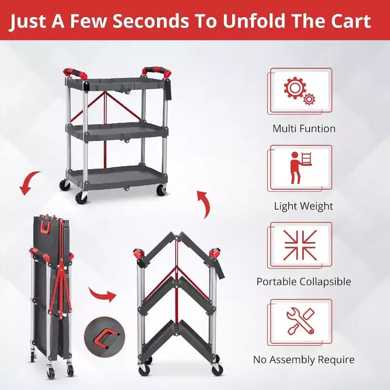 Chariot utilitaire pliant à 3 niveaux, desserte roulante portable pliable avec roues, capacité de charge de 70 kg, robuste pour garage et atelier, gris