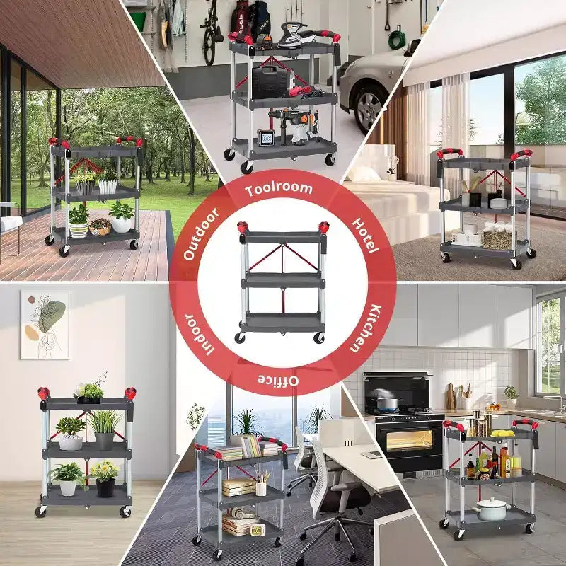 Chariot utilitaire pliant à 3 niveaux, desserte roulante portable pliable avec roues, capacité de charge de 70 kg, robuste pour garage et atelier, gris