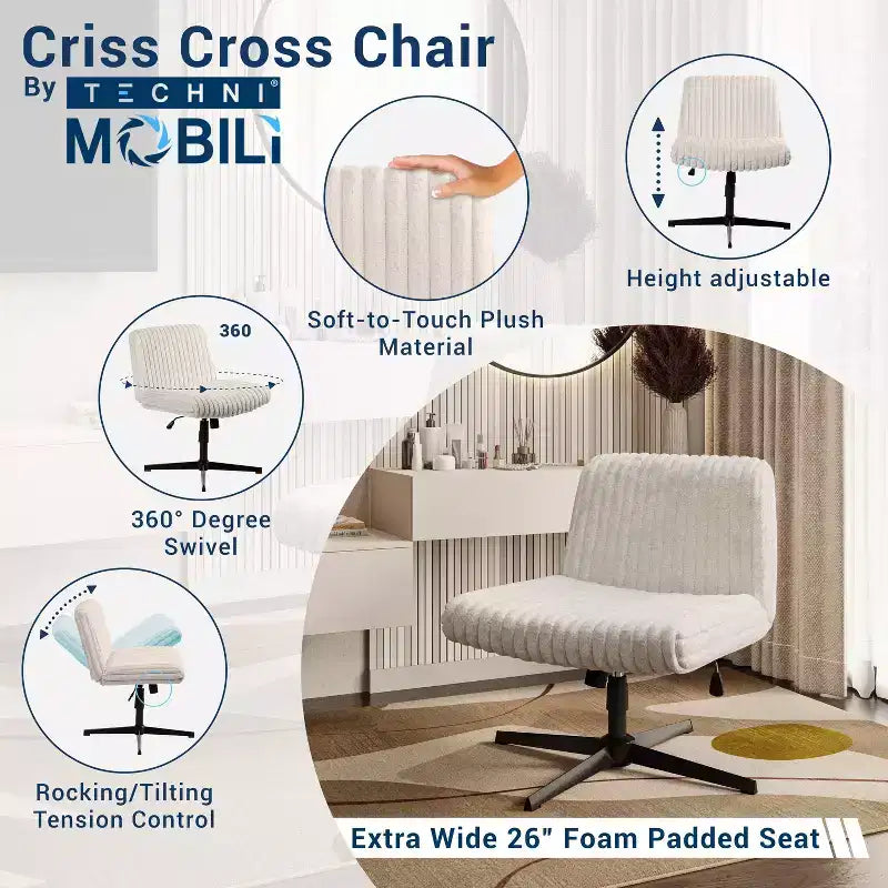 Chaise Criss-Cross avec Hauteur Réglable, Chaise de Bureau avec Assise Extra Large, Chaise Confortable pour la Maison, le Bureau, Blanc