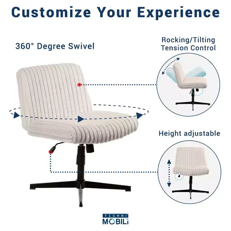 Chaise Criss-Cross avec Hauteur Réglable, Chaise de Bureau avec Assise Extra Large, Chaise Confortable pour la Maison, le Bureau, Blanc