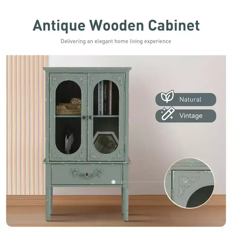 Meuble d'appoint vert menthe antique avec 2 portes vitrées et 1 tiroir