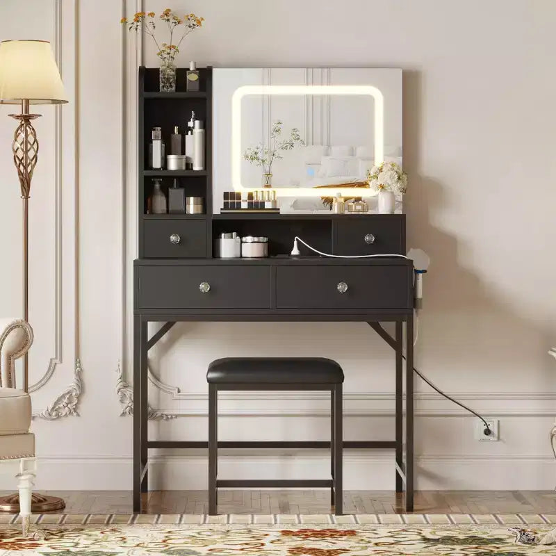 Mirrored Dressing Table Featuring Three-Level Adjustable Lighting Modern Dressing Table with Four Drawers