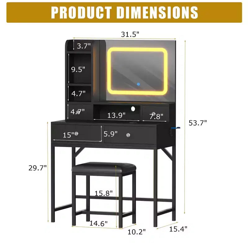 Coiffeuse Miroir avec Éclairage Réglable sur Trois Niveaux et Quatre Tiroirs
