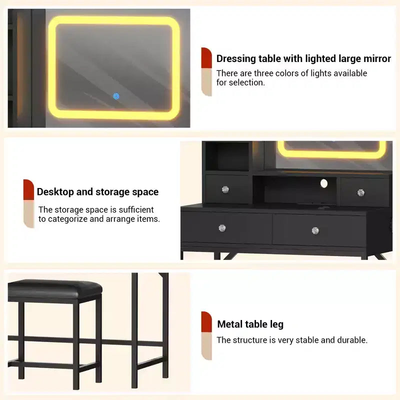 Coiffeuse Miroir avec Éclairage Réglable sur Trois Niveaux et Quatre Tiroirs
