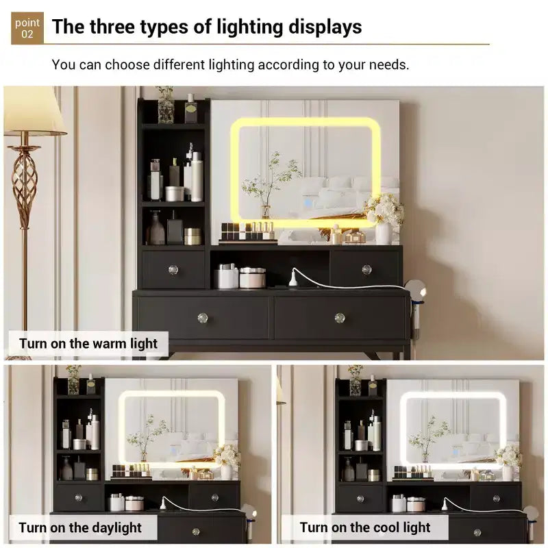Coiffeuse Miroir avec Éclairage Réglable sur Trois Niveaux et Quatre Tiroirs
