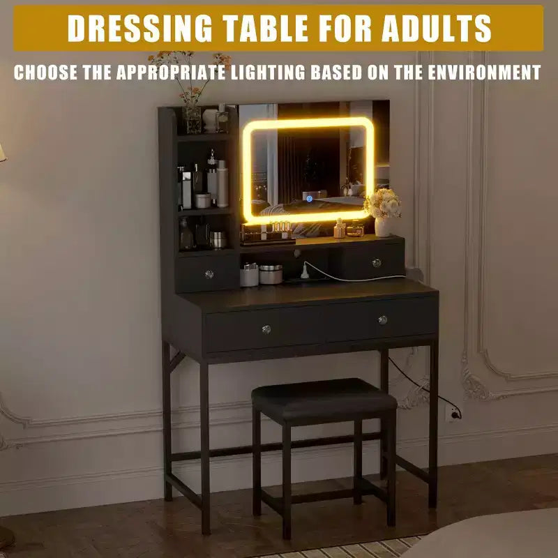 Coiffeuse Miroir avec Éclairage Réglable sur Trois Niveaux et Quatre Tiroirs