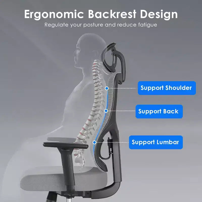 Chaise de bureau ergonomique, Chaise de bureau en maille avec appui-tête, Support lombaire et accoudoirs réglables, Dossier haut pour le bureau et la maison