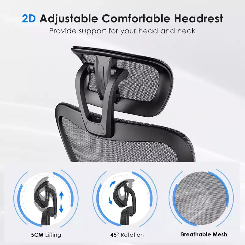 Chaise de bureau ergonomique, Chaise de bureau en maille avec appui-tête, Support lombaire et accoudoirs réglables, Dossier haut pour le bureau et la maison