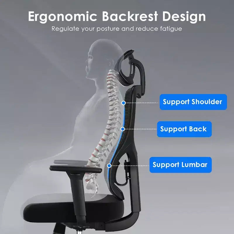 Chaise de bureau ergonomique, Chaise de bureau en maille avec appui-tête, Support lombaire et accoudoirs réglables, Dossier haut pour le bureau et la maison
