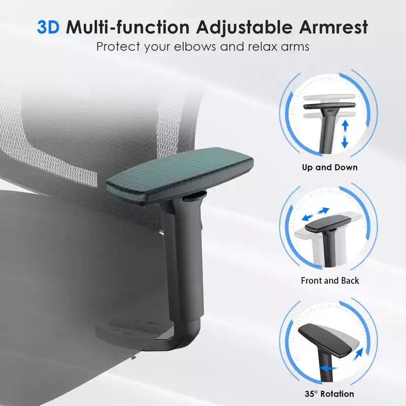 Chaise de bureau ergonomique, Chaise de bureau en maille avec appui-tête, Support lombaire et accoudoirs réglables, Dossier haut pour le bureau et la maison