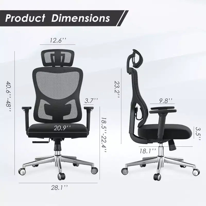 Chaise de bureau ergonomique, Chaise de bureau en maille avec appui-tête, Support lombaire et accoudoirs réglables, Dossier haut pour le bureau et la maison