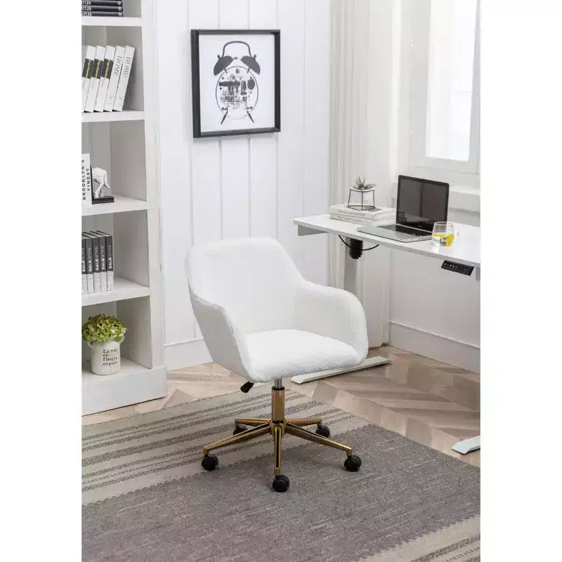 Chaise de bureau pivotante avec piètement en métal doré, hauteur réglable et roulettes universelles, chaise de bureau pour le bureau et l'étude