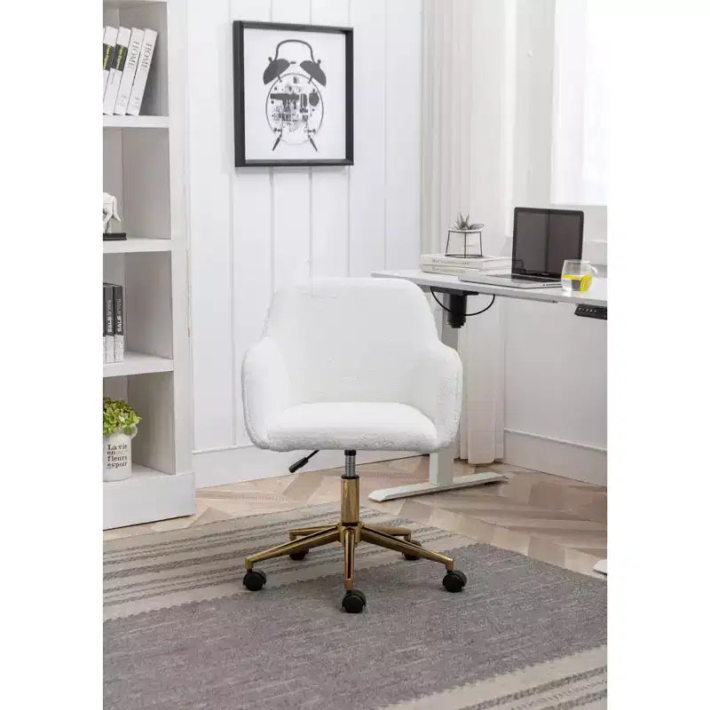 Chaise de bureau pivotante avec piètement en métal doré, hauteur réglable et roulettes universelles, chaise de bureau pour le bureau et l'étude