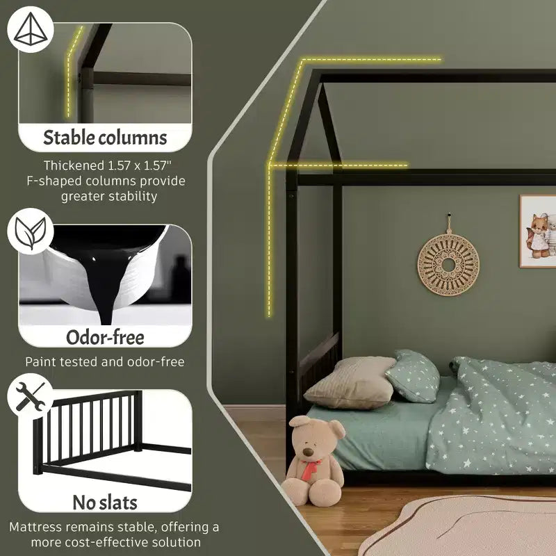 Cadre de lit en métal pleine grandeur avec forme de maison et barrières de sécurité