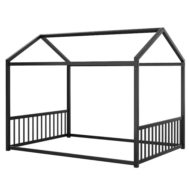 Cadre de lit en métal pleine grandeur avec forme de maison et barrières de sécurité