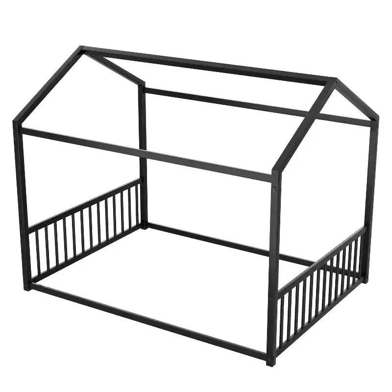 Cadre de lit en métal pleine grandeur avec forme de maison et barrières de sécurité