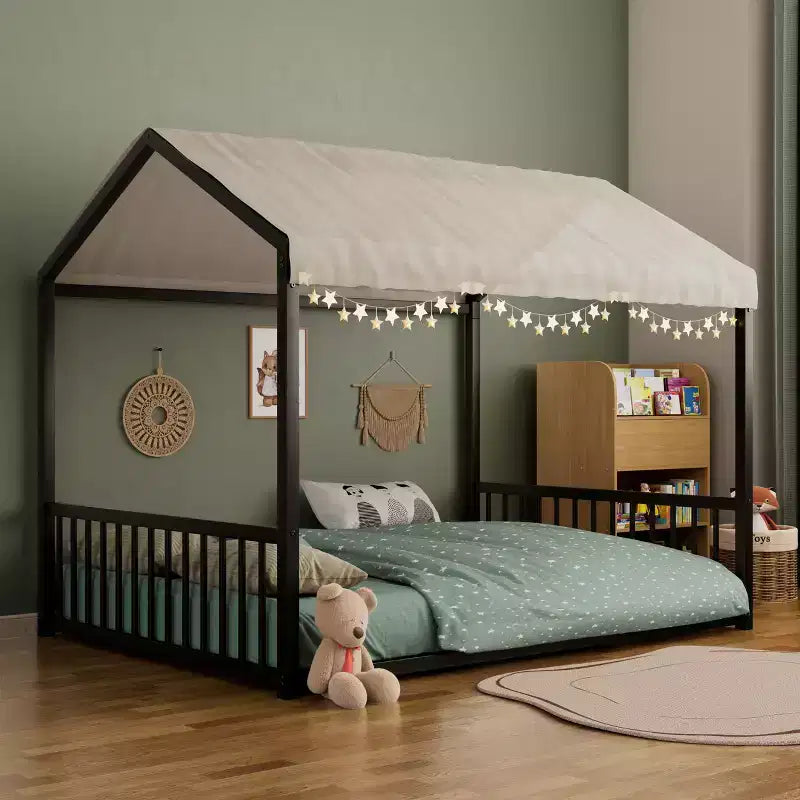 GDFStudio Avery Full Size Metal Floor Bed Frame with House Shape and Guardrails