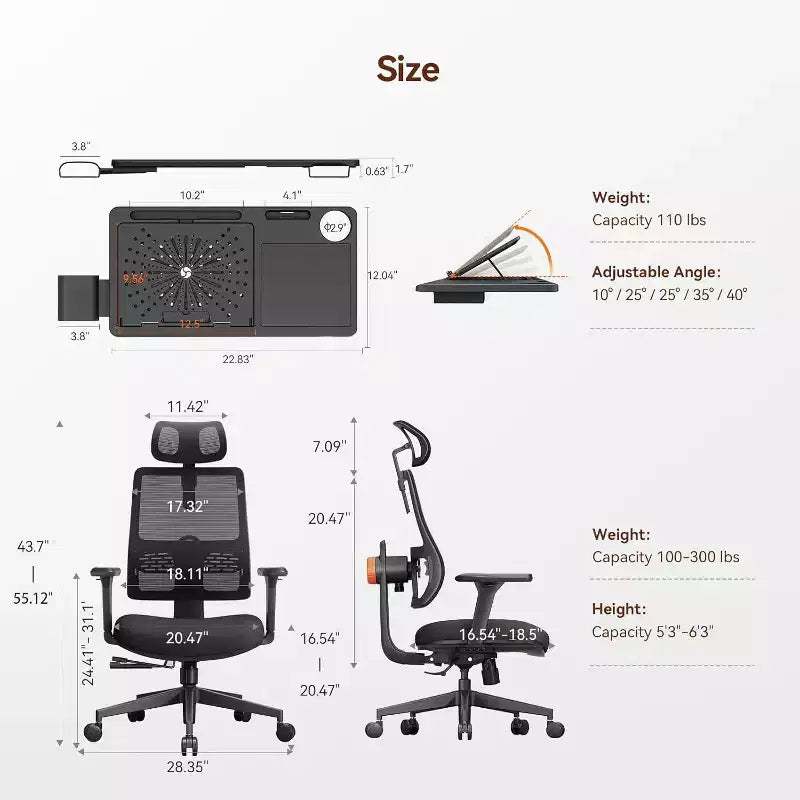 Chaise de bureau ergonomique avec support lombaire adaptatif - Noire