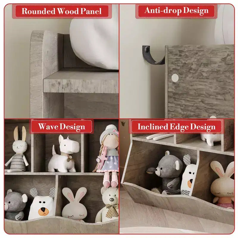 Meuble de rangement pour jouets pour enfants avec 3 étagères ouvertes et 2 bacs basculants