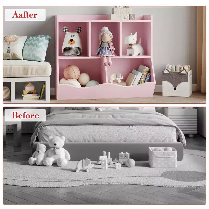 Meuble de rangement pour jouets pour enfants avec 3 étagères ouvertes et 2 bacs basculants