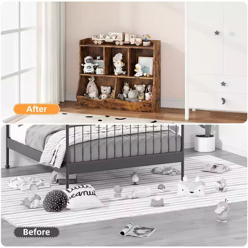 Meuble de rangement pour jouets pour enfants avec 3 étagères ouvertes et 2 bacs basculants
