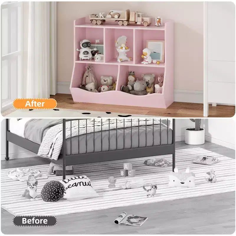 Meuble de rangement pour jouets pour enfants avec 3 étagères ouvertes et 2 bacs basculants