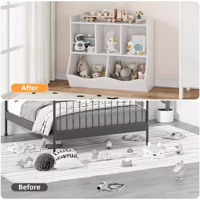 Meuble de rangement pour jouets pour enfants avec 3 étagères ouvertes et 2 bacs basculants