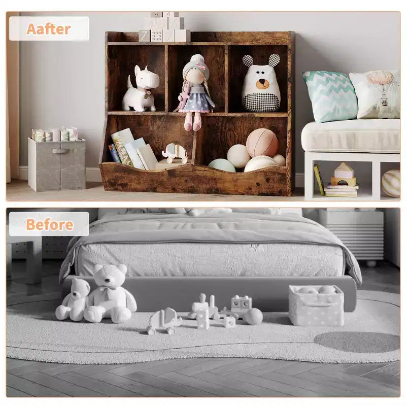 Meuble de rangement pour jouets pour enfants avec 3 étagères ouvertes et 2 bacs basculants