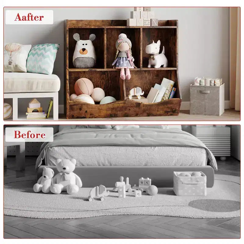 Meuble de rangement pour jouets pour enfants avec 3 étagères ouvertes et 2 bacs basculants