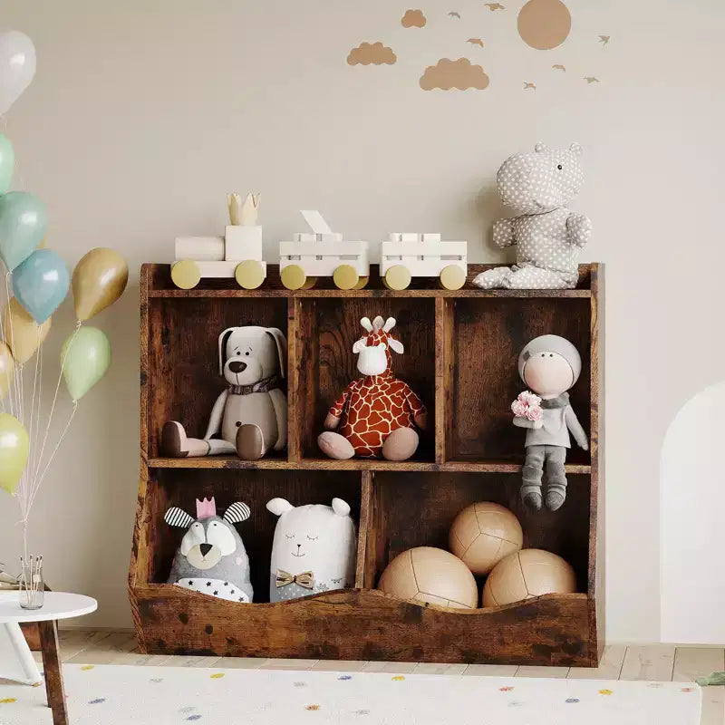 Kids Toy Storage Cabinet with 3 Open Shelves and 2 Tilt Bins for Books and Toys, Anti-Tip Design, Durable Wood Cabinet for Playroom Bedroom