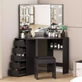 Corner Makeup Vanity Desk with Mirror and Light, Makeup Vanity Table with Stool, Large Dressing Table with 5 Drawers, Makeup Vanity for Bedroom
