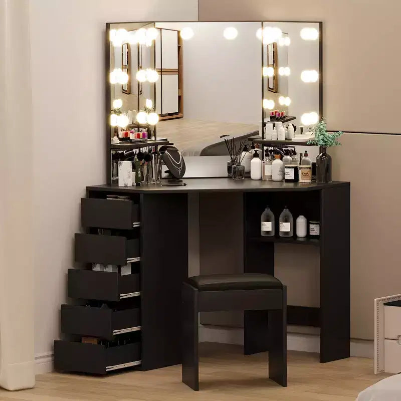 Coiffeuse d'angle avec miroir, lumières et tabouret — Grande table de maquillage avec 5 tiroirs