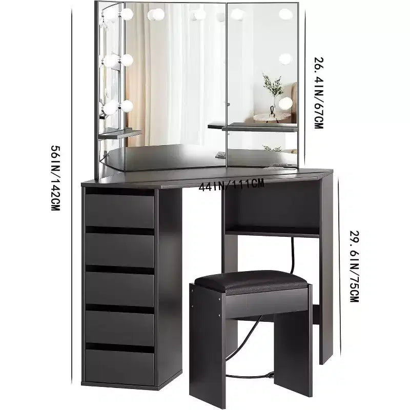 Coiffeuse d'angle avec miroir, lumières et tabouret — Grande table de maquillage avec 5 tiroirs