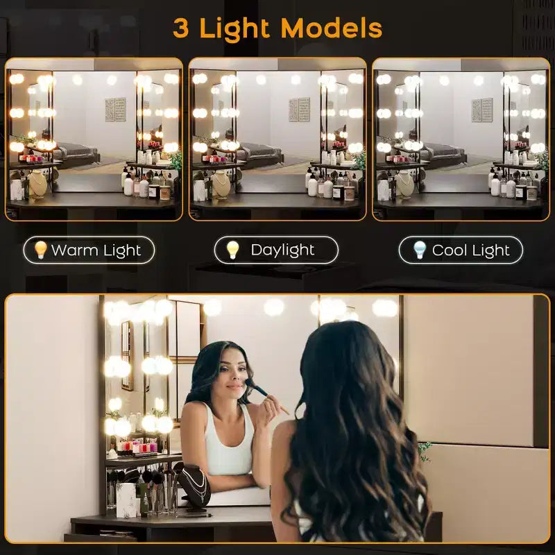 Coiffeuse d'angle avec miroir, lumières et tabouret — Grande table de maquillage avec 5 tiroirs