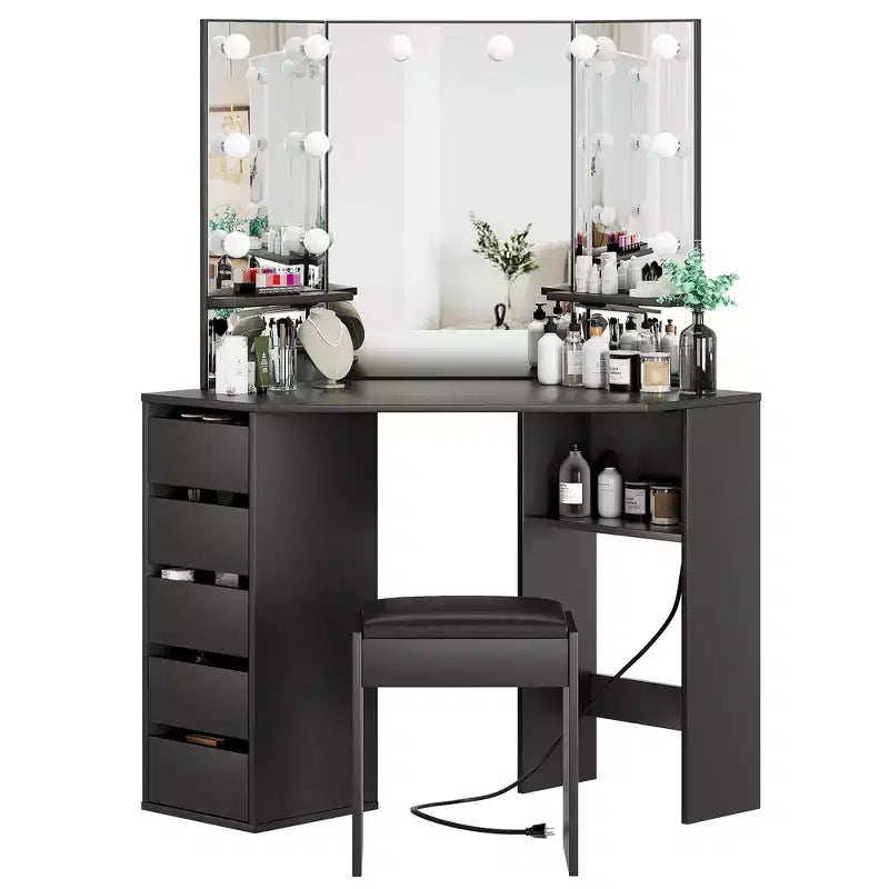 Coiffeuse d'angle avec miroir, lumières et tabouret — Grande table de maquillage avec 5 tiroirs