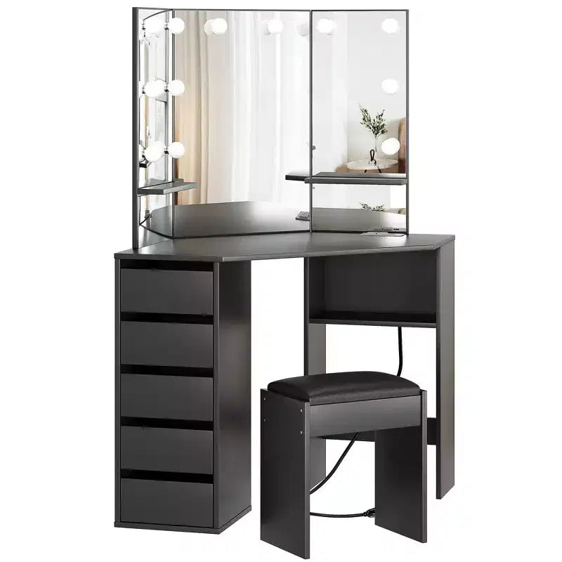 Coiffeuse d'angle avec miroir, lumières et tabouret — Grande table de maquillage avec 5 tiroirs