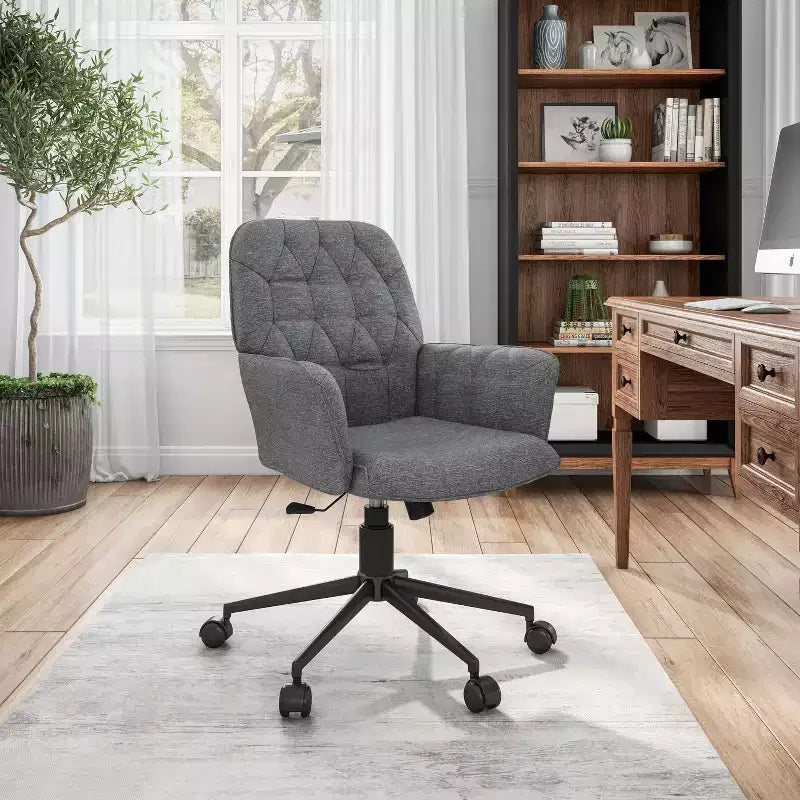 Okak Modern Home Office Desk Chair, Upholstered Tufted Vanity Chair with Arms and Wheels, 360 Swivel Chair for Reading Room, Study, Gray