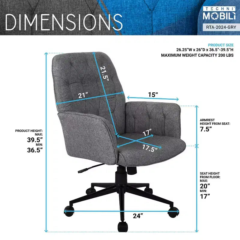 Chaise de bureau moderne, Chaise de vanité capitonnée avec accoudoirs et roulettes, Pivotante à 360°, Grise