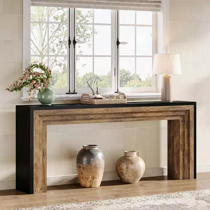 Table console étroite en bois de 180 cm pour salon, entrée et couloir, noir + marron