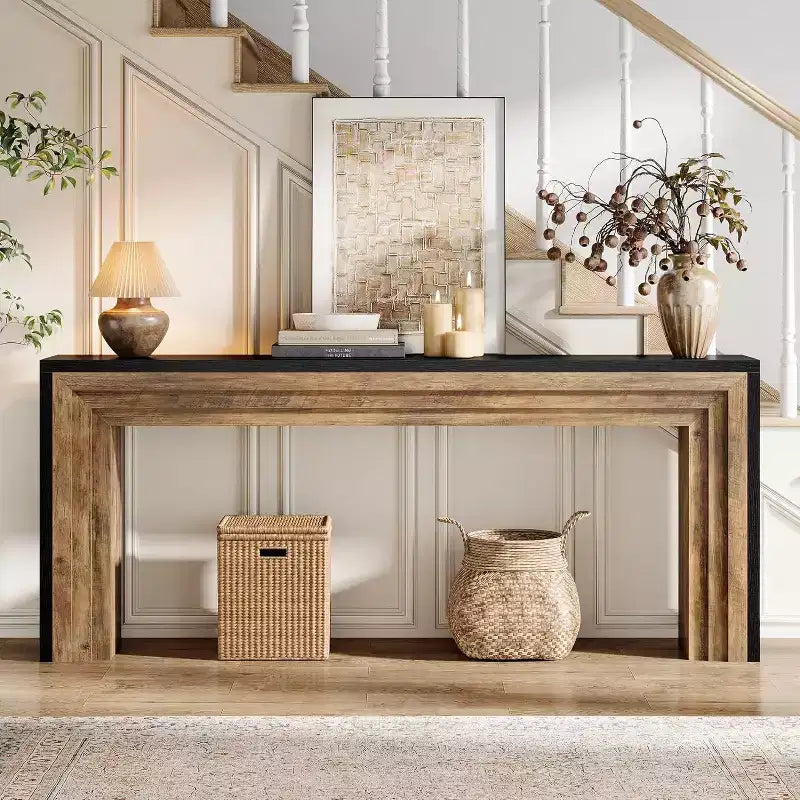 Table console étroite en bois de 180 cm pour salon, entrée et couloir, noir + marron