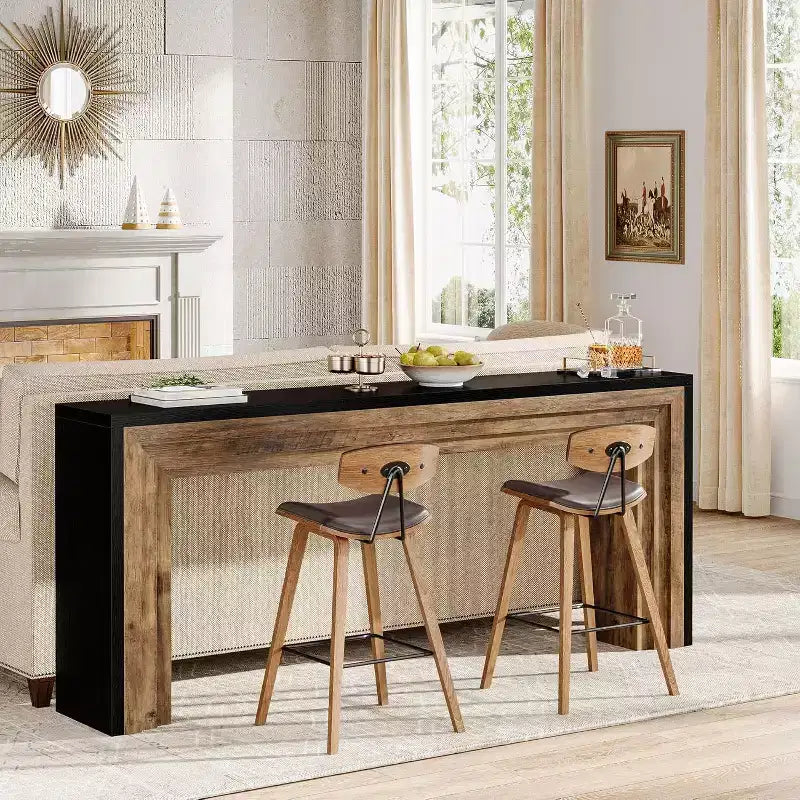 Table console étroite en bois de 180 cm pour salon, entrée et couloir, noir + marron