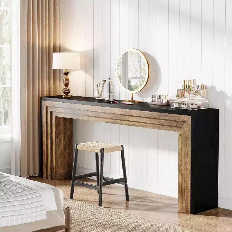 Table console étroite en bois de 180 cm pour salon, entrée et couloir, noir + marron