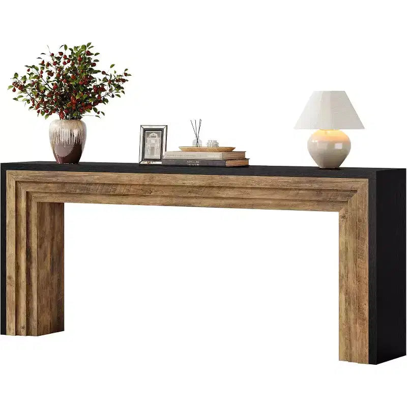 Table console étroite en bois de 180 cm pour salon, entrée et couloir, noir + marron