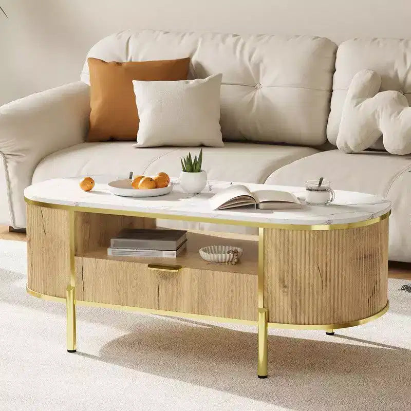 Table basse ovale avec rangement, table centrale de salon en bois cannelé de 122 cm
