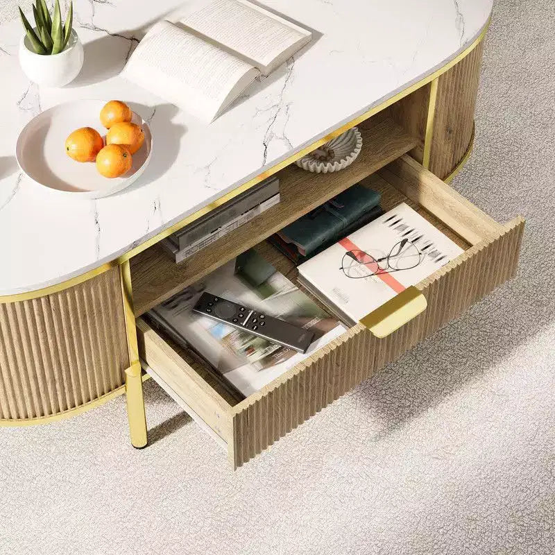 Table basse ovale avec rangement, table centrale de salon en bois cannelé de 122 cm